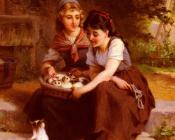 Deux Filles Avec Un Panier De Chatons - 埃米尔·穆尼尔